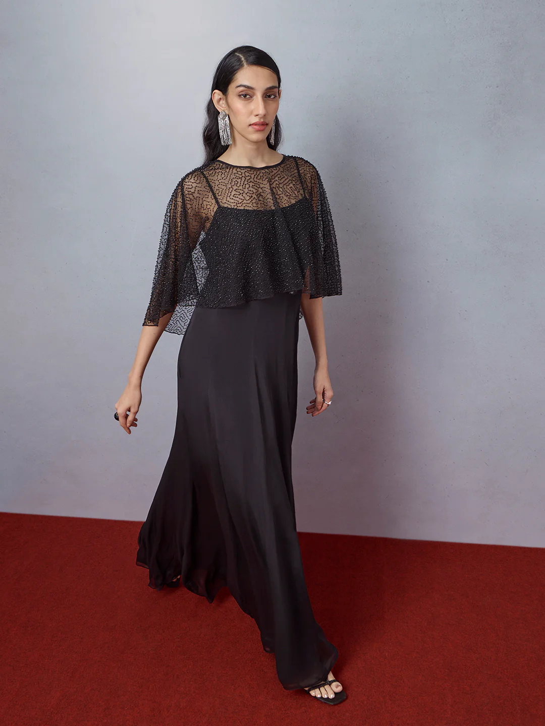 Dress with Beaded Cape - Black - Image 2