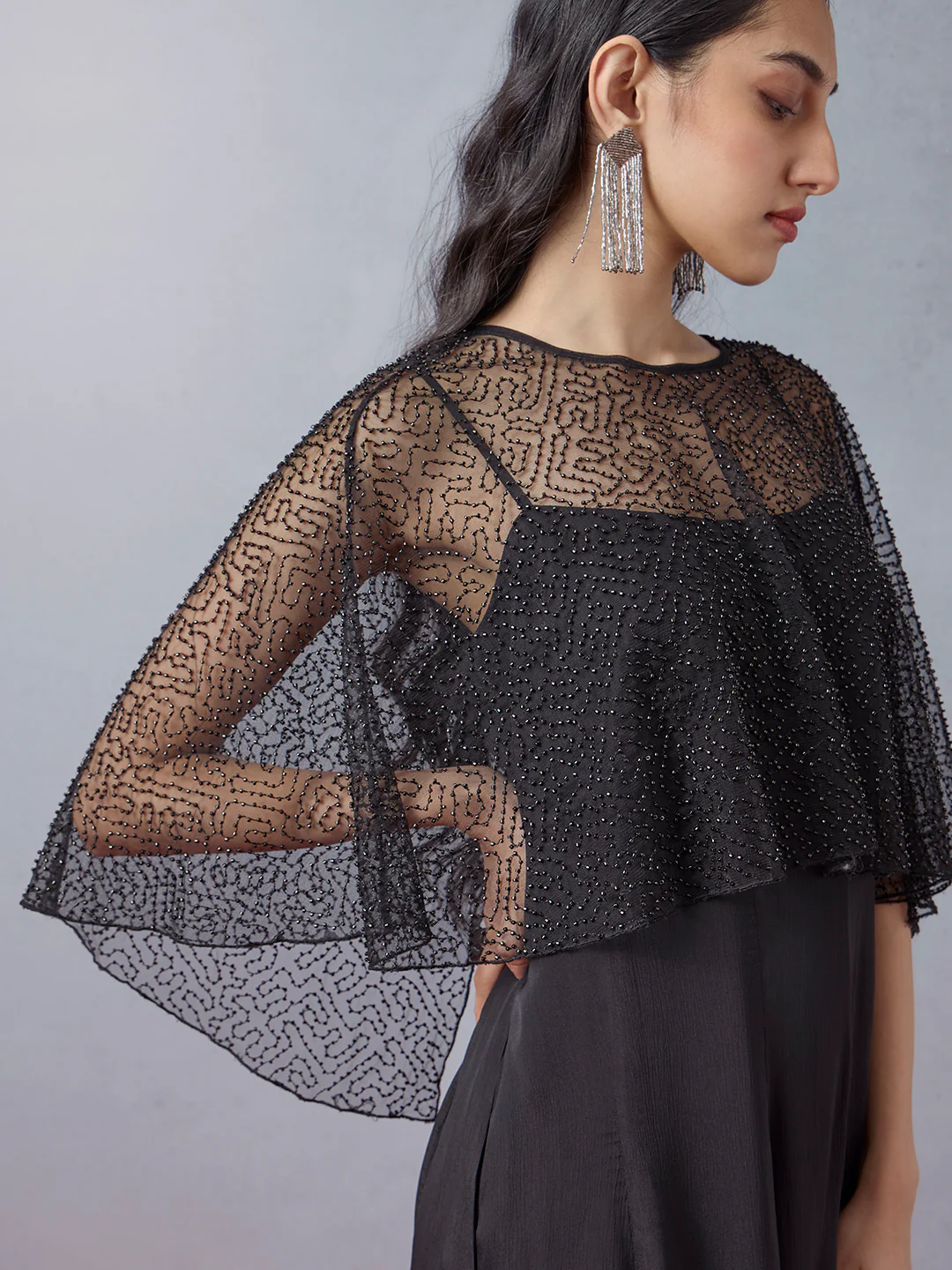 Dress with Beaded Cape - Black - Image 3