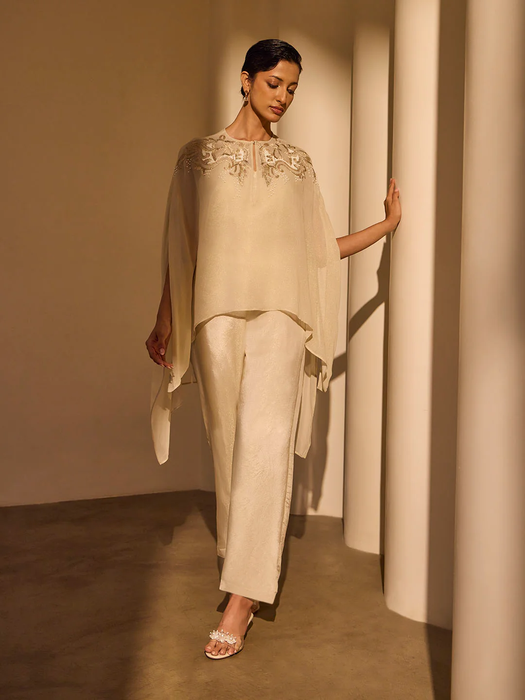 Embellished Cape Top with Camisole β Cream