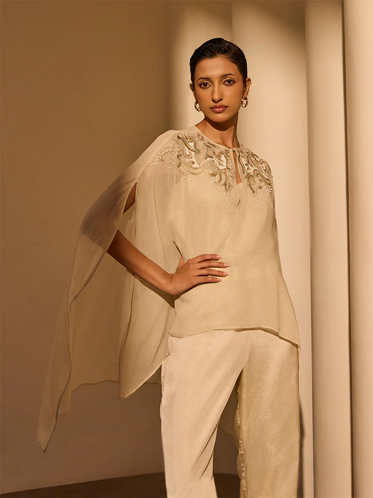 Embellished Cape Top with Camisole β Cream - Image 3