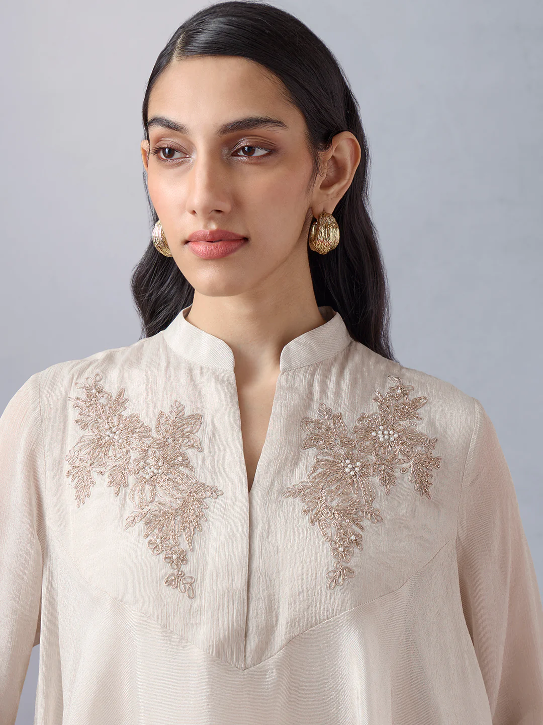 Embroidered Kurta and Inner - Cream - Image 3