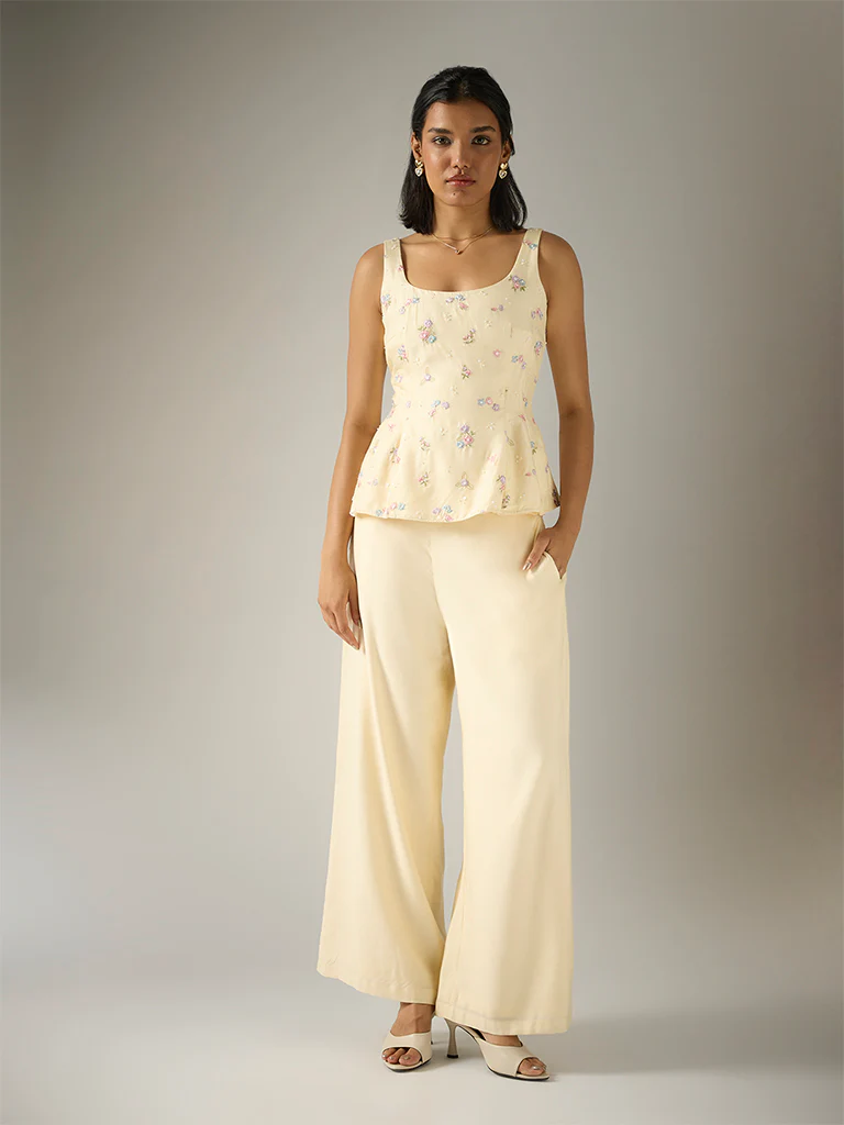 Embroidered Peplum Top – Cream - Image 2