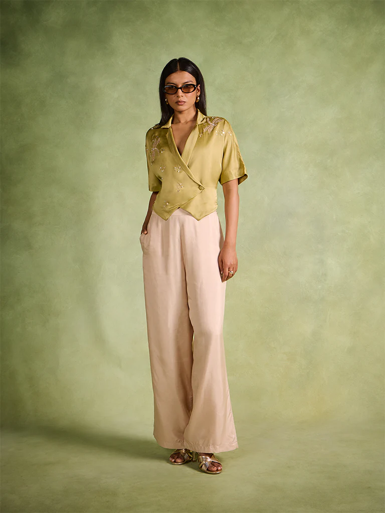 Embroidered Wrap Top β Olive
