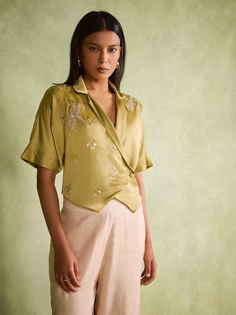 Embroidered Wrap Top β Olive - Image 2