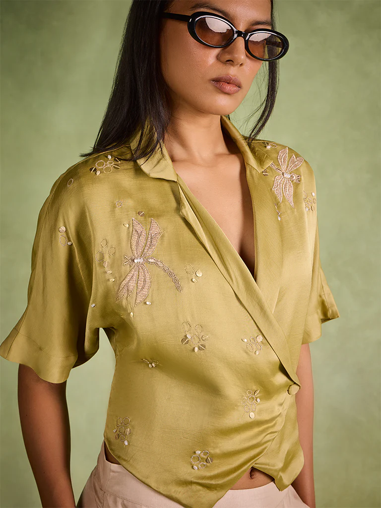 Embroidered Wrap Top β Olive - Image 3