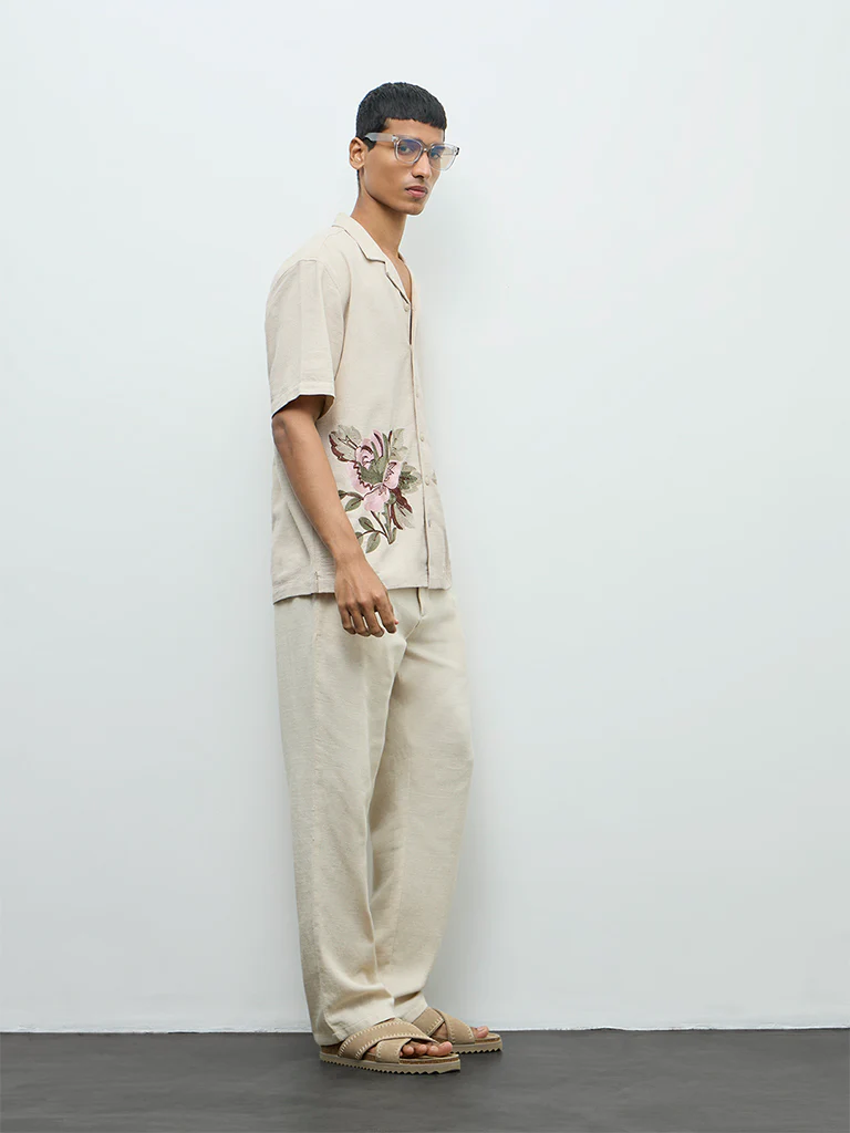 ETA Beige Floral Embroidered Relaxed-Fit Cotton Shirt