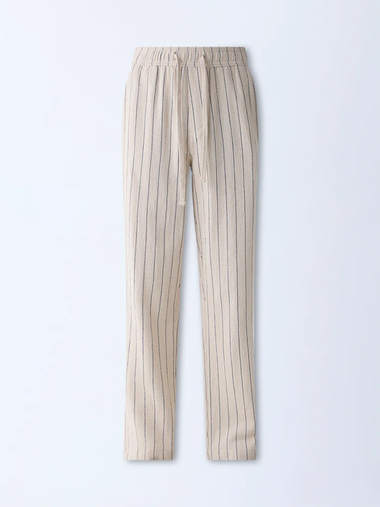 ETA Beige Pinstriped Relaxed-Fit Mid-Rise Cotton Trousers - Image 6