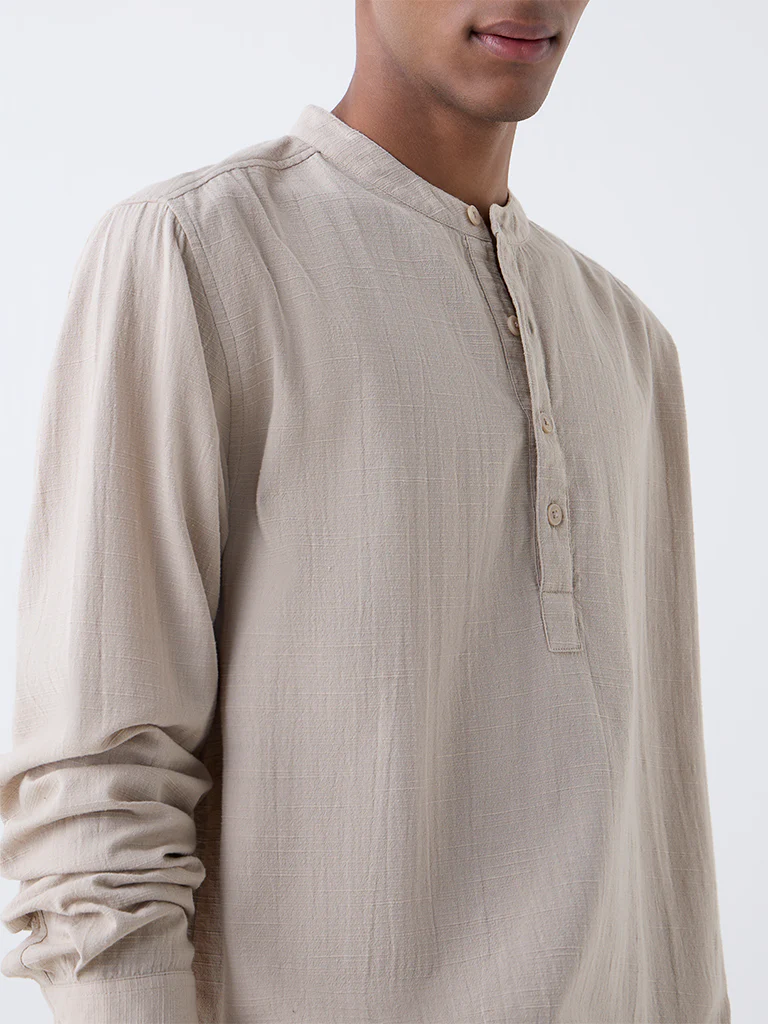 ETA Beige Self-Patterned Relaxed-Fit Cotton-Blend Shirt - Image 4