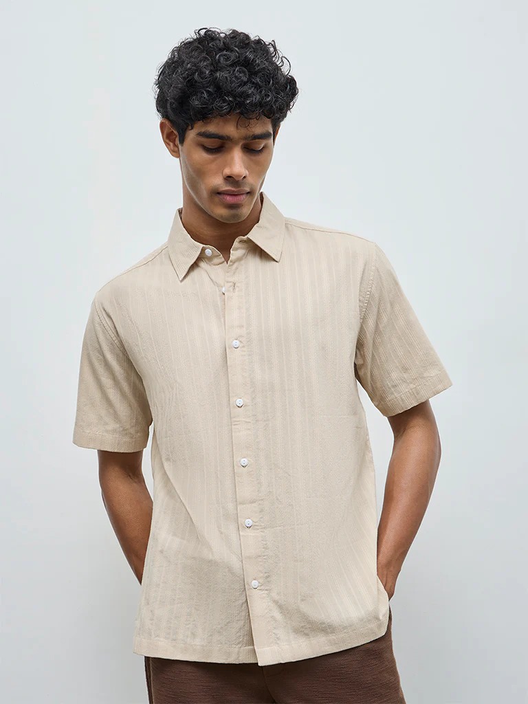 ETA Beige Striped Relaxed-Fit Cotton Shirt - Image 3