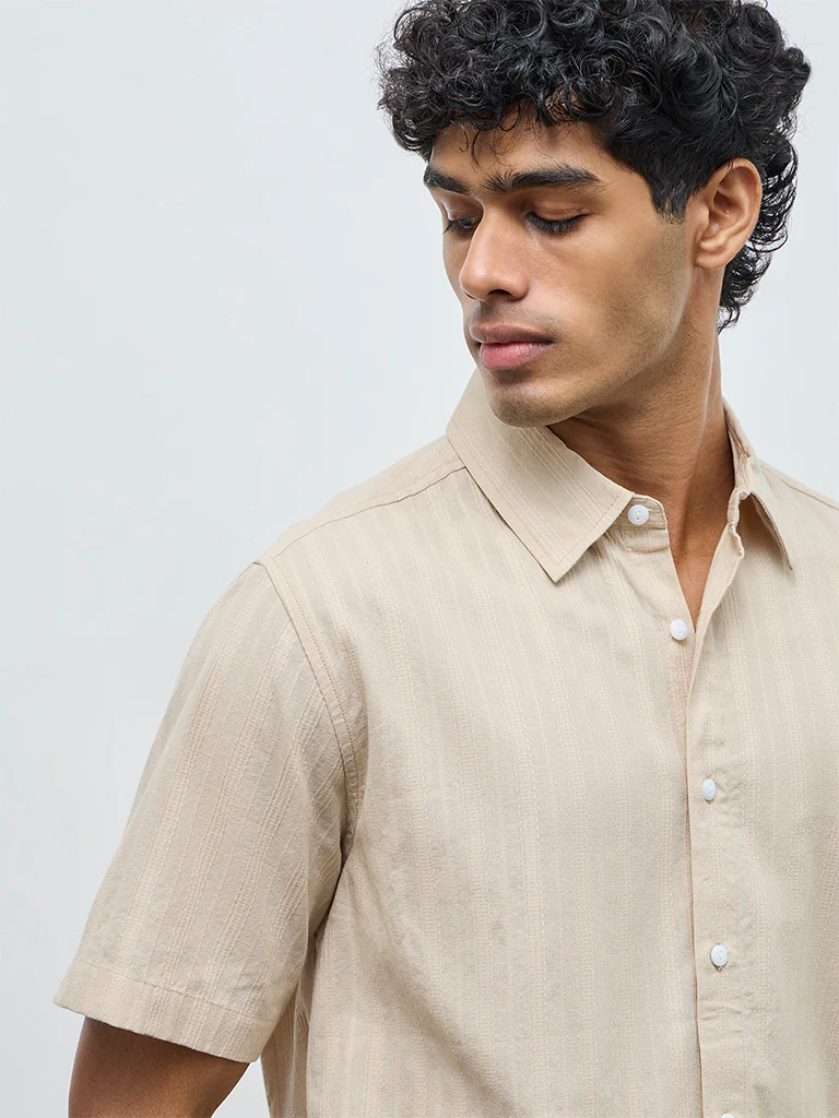 ETA Beige Striped Relaxed-Fit Cotton Shirt - Image 4