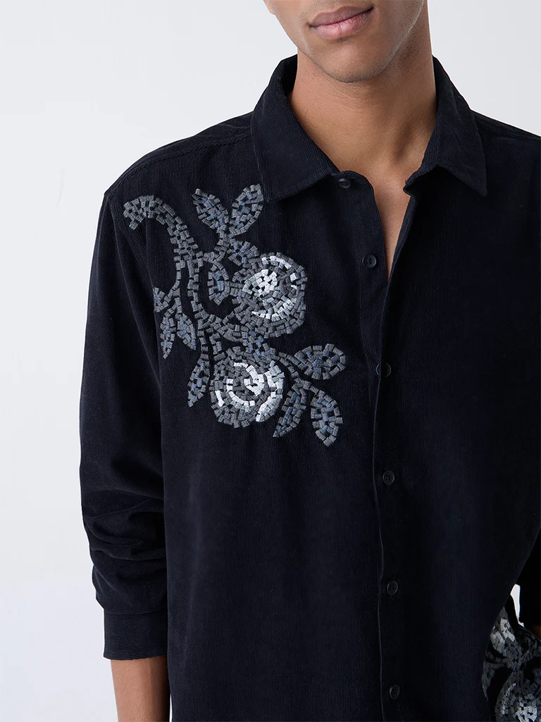 ETA Black Embroidered Relaxed-Fit Cotton Shirt - Image 3