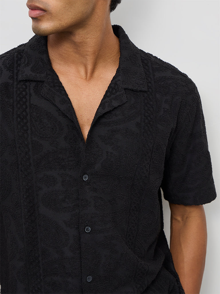 ETA Black Paisley Textured Relaxed-Fit Cotton-Blend Shirt - Image 3
