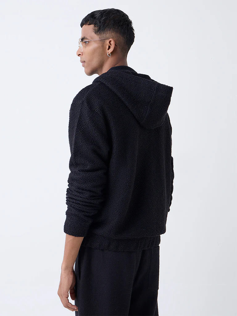 ETA Black Popcorn-Textured Relaxed-Fit Hoodie - Image 5