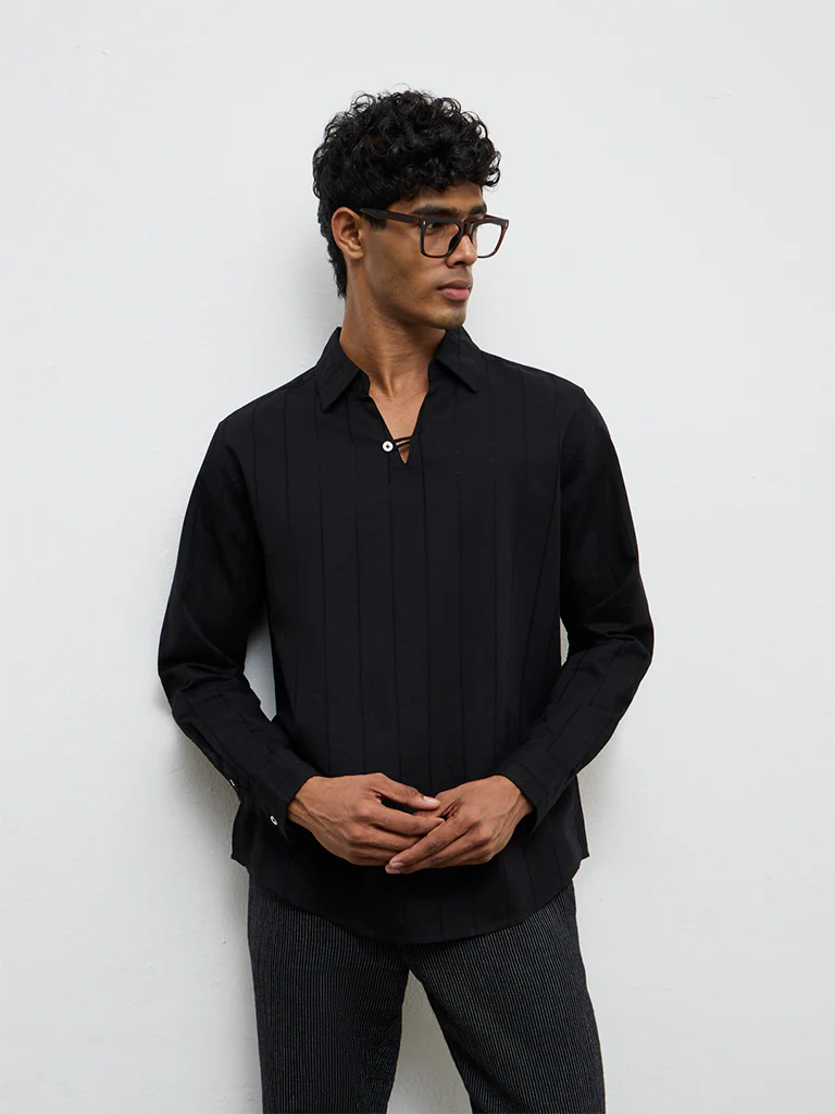 ETA Black Self-Striped Relaxed-Fit Cotton-Blend Shirt - Image 3
