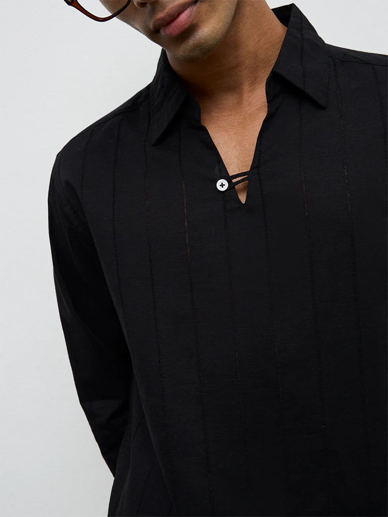 ETA Black Self-Striped Relaxed-Fit Cotton-Blend Shirt - Image 4