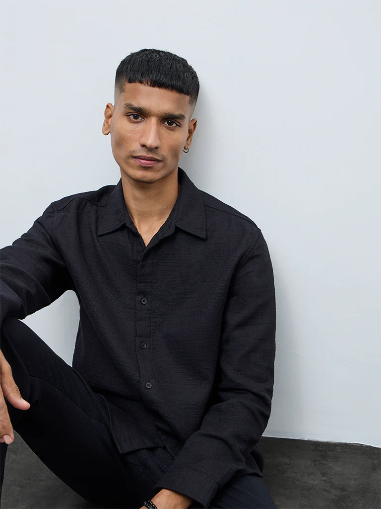 ETA Black Solid Relaxed-Fit Cotton Shirt