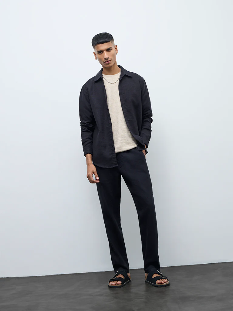 ETA Black Solid Relaxed-Fit Cotton Shirt - Image 2