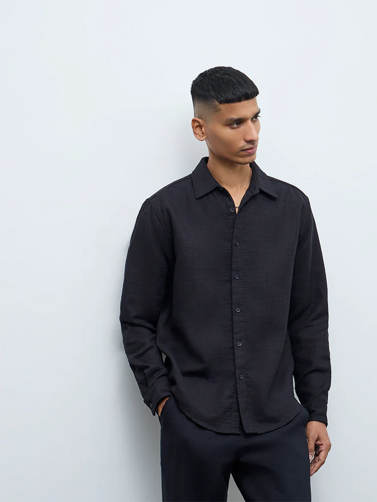 ETA Black Solid Relaxed-Fit Cotton Shirt - Image 3