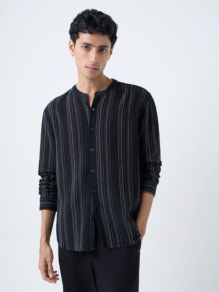 ETA Black Striped Relaxed-Fit Cotton Shirt - Image 2