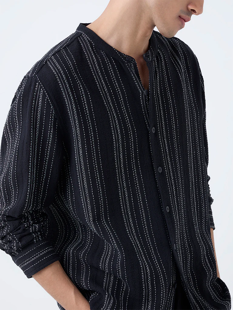 ETA Black Striped Relaxed-Fit Cotton Shirt - Image 3