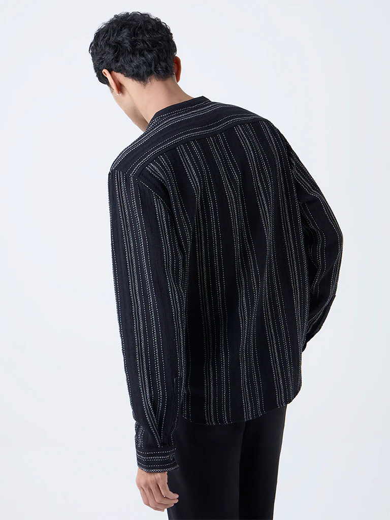 ETA Black Striped Relaxed-Fit Cotton Shirt - Image 4