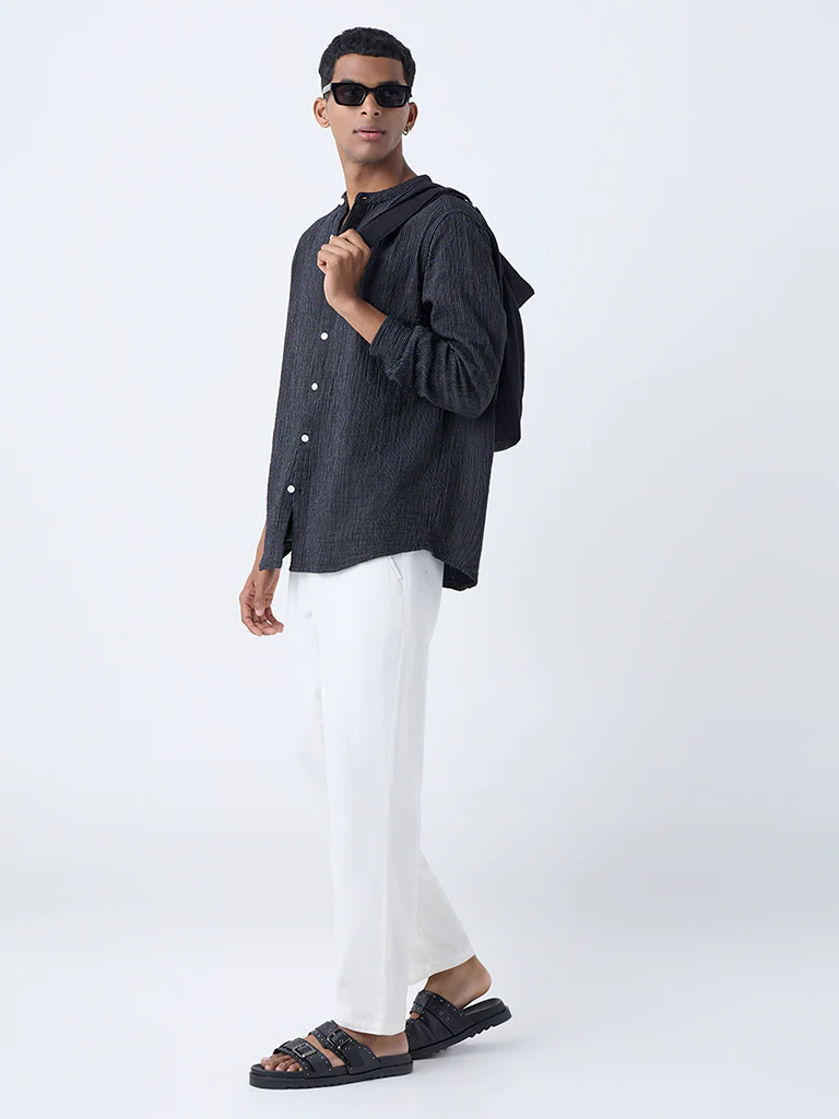 ETA Black Striped Relaxed-Fit Cotton Shirt - Image 3