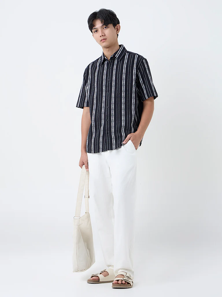 ETA Black Striped Relaxed-Fit Cotton Shirt - Image 3