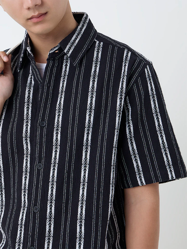 ETA Black Striped Relaxed-Fit Cotton Shirt - Image 4