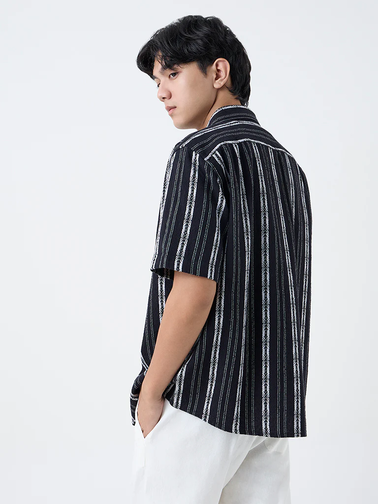 ETA Black Striped Relaxed-Fit Cotton Shirt - Image 5