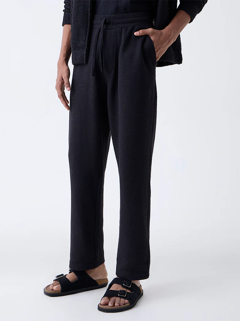 ETA Black Textured Relaxed-Fit Mid-Rise Cotton-Blend Pants - Image 2