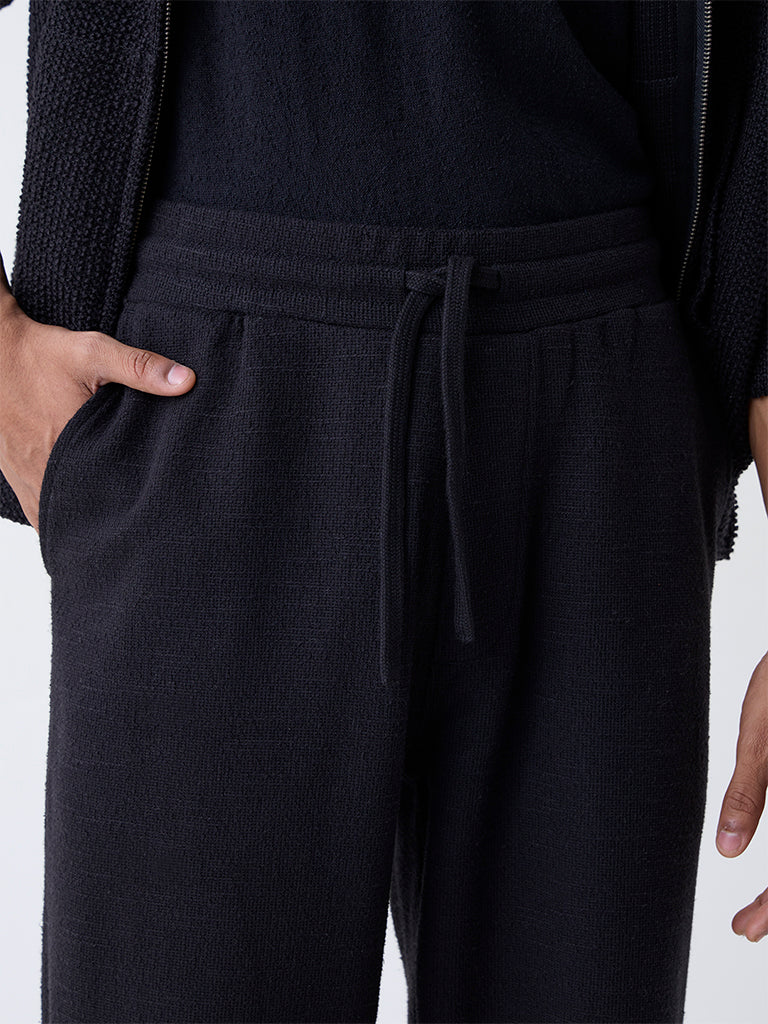 ETA Black Textured Relaxed-Fit Mid-Rise Cotton-Blend Pants - Image 3