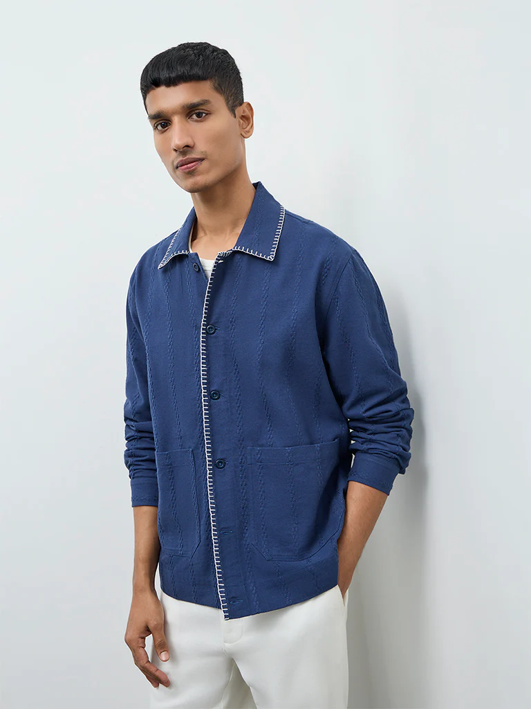 ETA Blue Embroidered Relaxed-Fit Cotton Jacket - Image 3