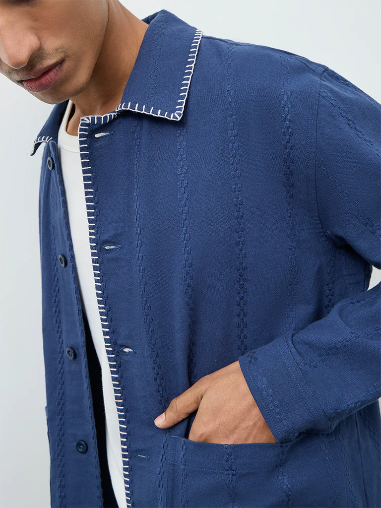 ETA Blue Embroidered Relaxed-Fit Cotton Jacket - Image 4