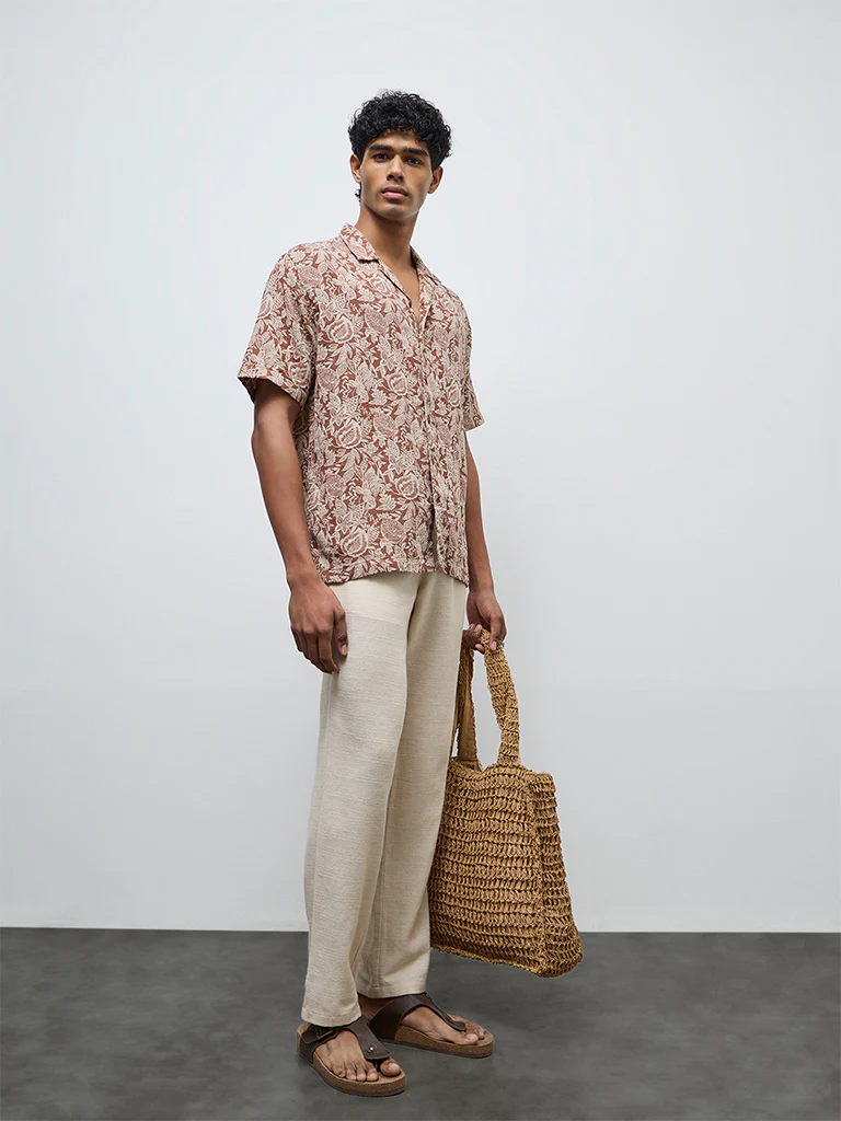 ETA Brown Botanical Printed Relaxed-Fit Cotton Shirt - Image 2