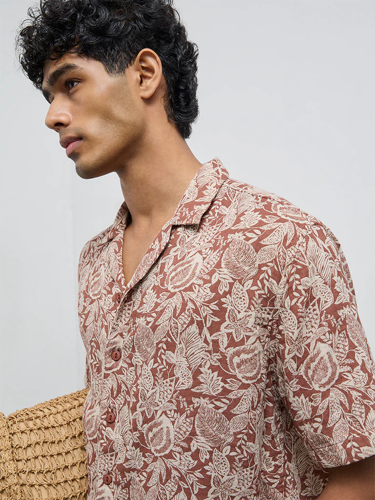 ETA Brown Botanical Printed Relaxed-Fit Cotton Shirt - Image 3