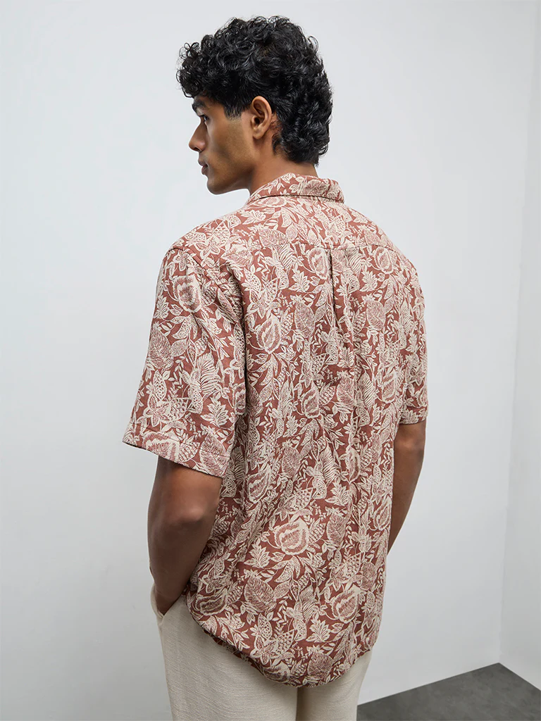 ETA Brown Botanical Printed Relaxed-Fit Cotton Shirt - Image 4