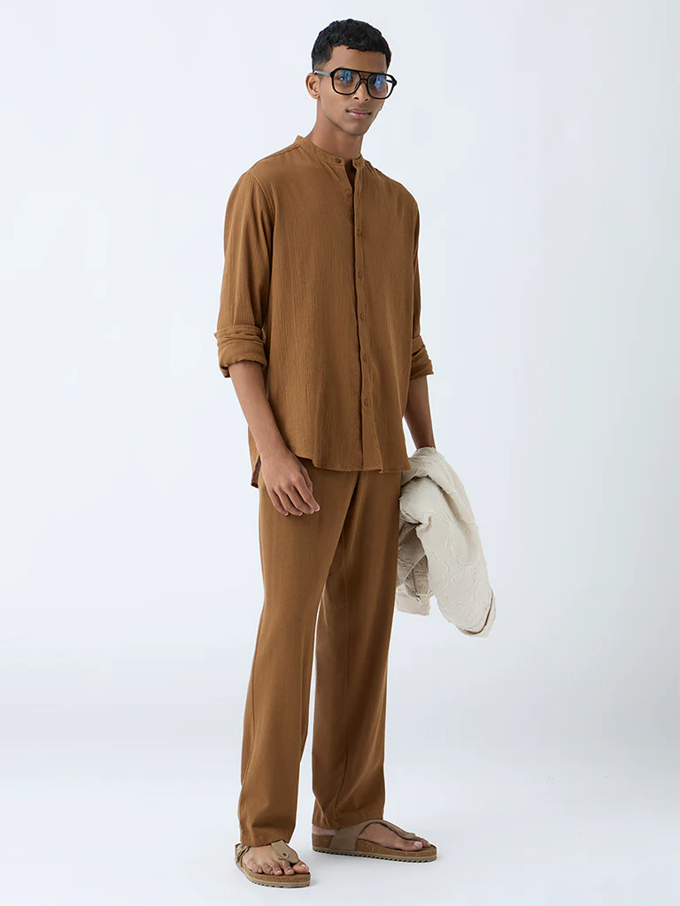 ETA Brown Crinkle-Textured Relaxed-Fit Cotton Shirt - Image 3