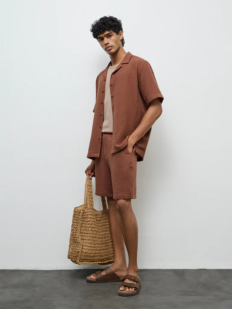 ETA Brown Crinkle-Textured Relaxed-Fit Cotton Shirt - Image 3