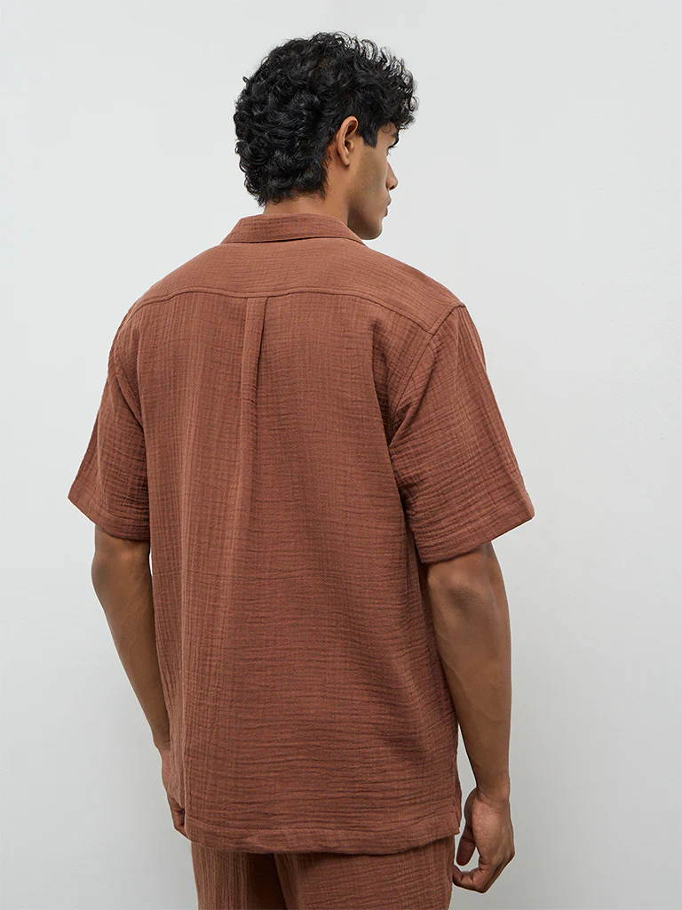 ETA Brown Crinkle-Textured Relaxed-Fit Cotton Shirt - Image 5