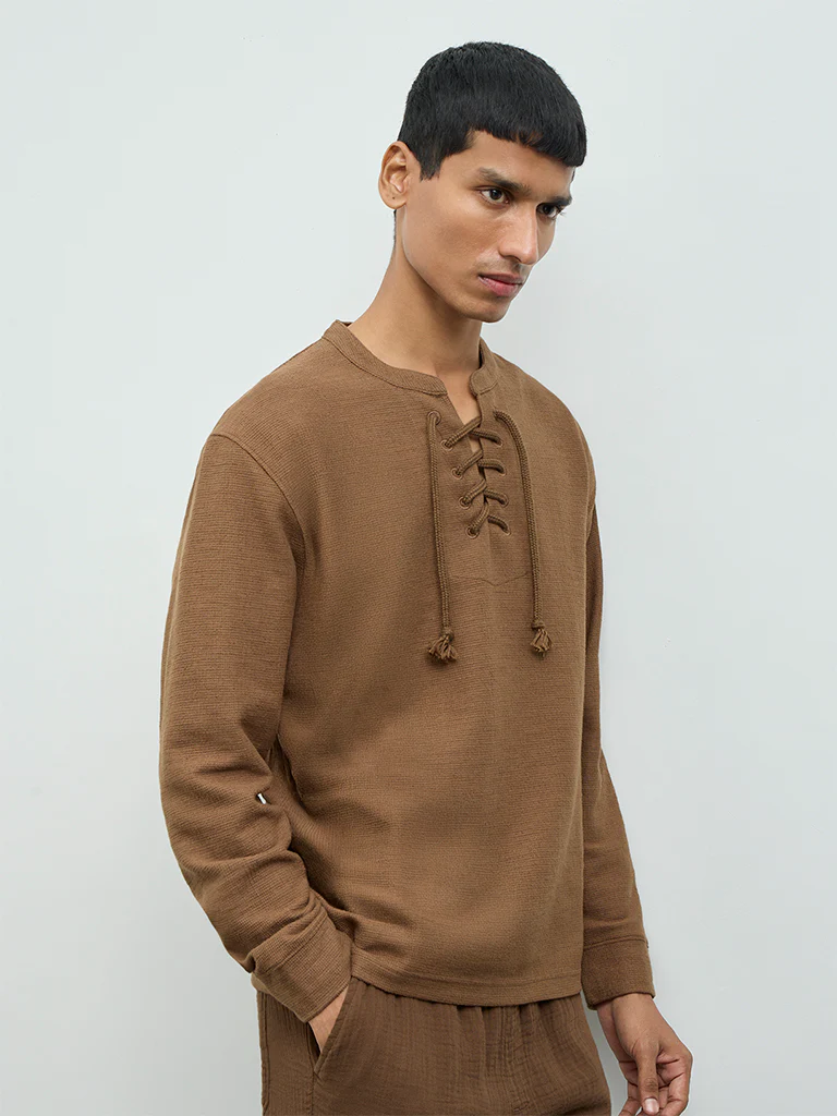 ETA Brown Criss-Cross Relaxed-Fit Cotton-Blend T-Shirt - Image 3