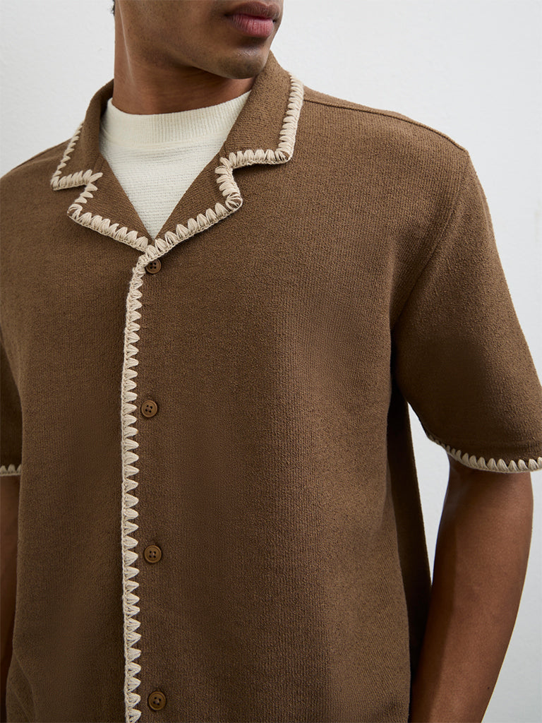 ETA Brown Embroidered Relaxed-Fit Cotton-Blend Shirt - Image 3