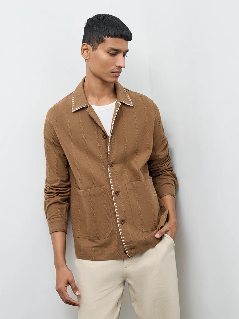 ETA Brown Embroidered Relaxed-Fit Cotton Jacket