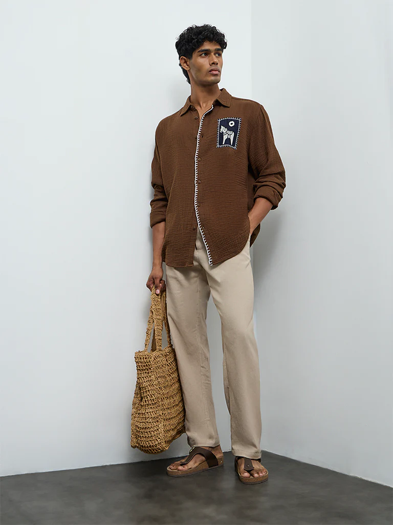 ETA Brown Embroidered Relaxed-Fit Cotton Shirt - Image 2