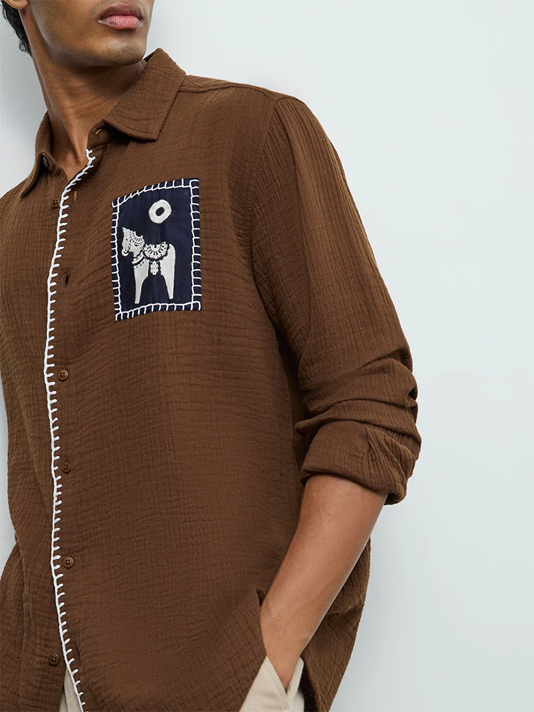 ETA Brown Embroidered Relaxed-Fit Cotton Shirt - Image 3