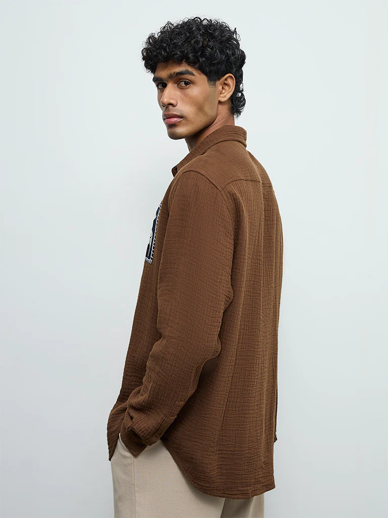 ETA Brown Embroidered Relaxed-Fit Cotton Shirt - Image 4