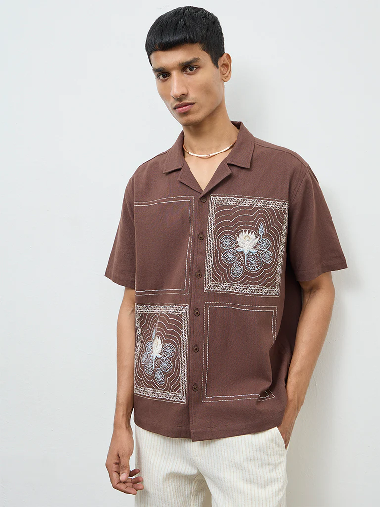 ETA Brown Embroidered Relaxed-Fit Cotton Shirt - Image 2