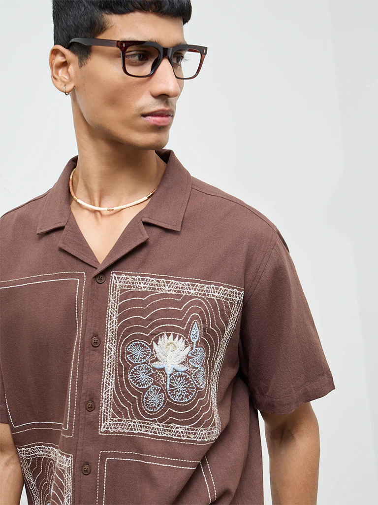ETA Brown Embroidered Relaxed-Fit Cotton Shirt - Image 3