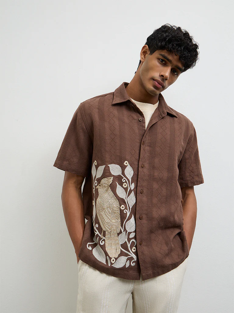 ETA Brown Embroidered Relaxed Fit Cotton Shirt - Image 2