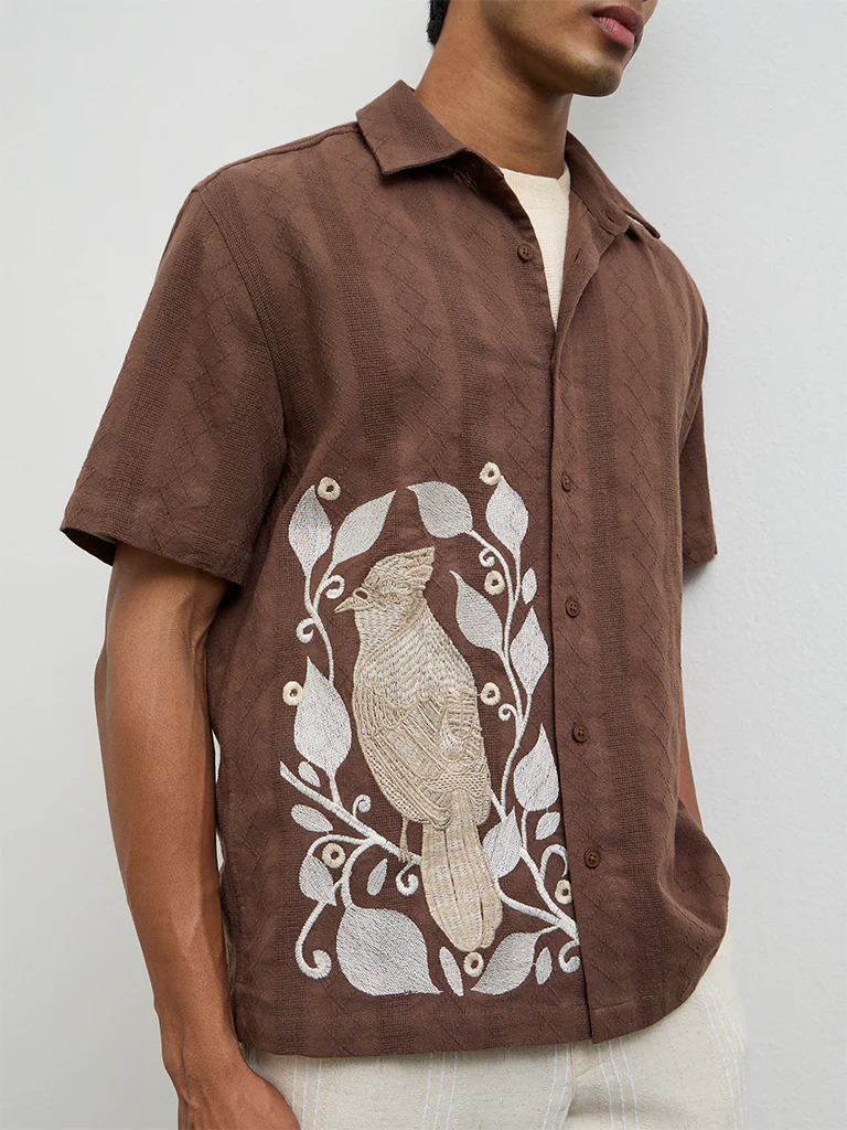 ETA Brown Embroidered Relaxed Fit Cotton Shirt - Image 3