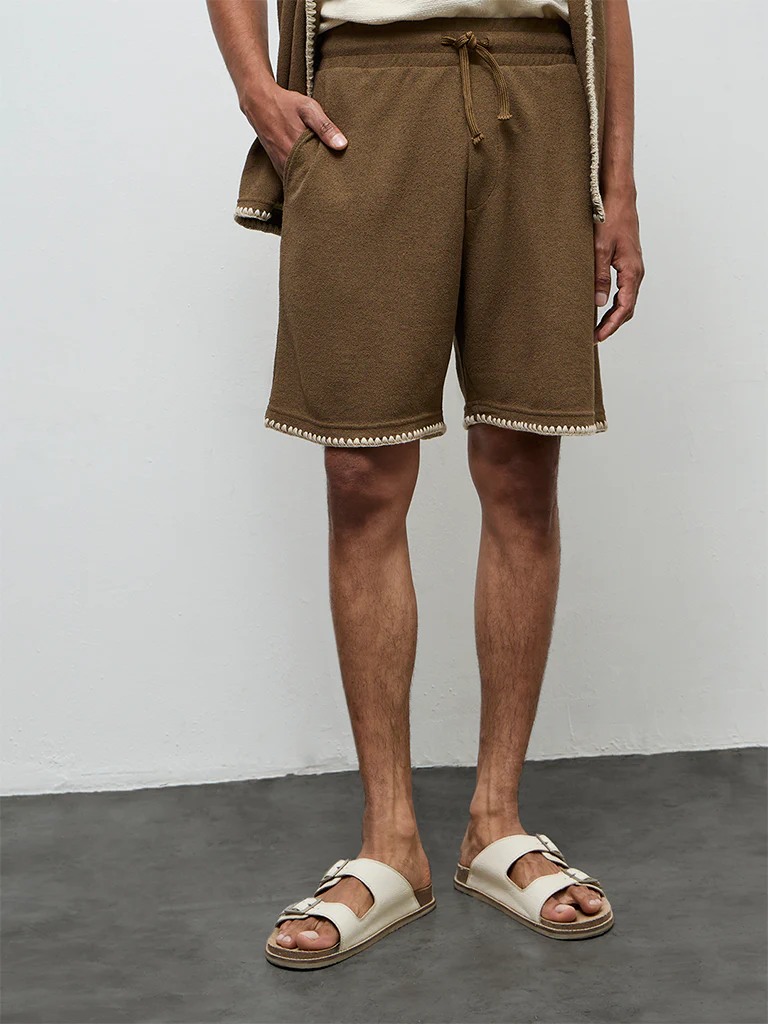 ETA Brown Embroidered Relaxed-Fit Mid-Rise Cotton-Blend Shorts - Image 3
